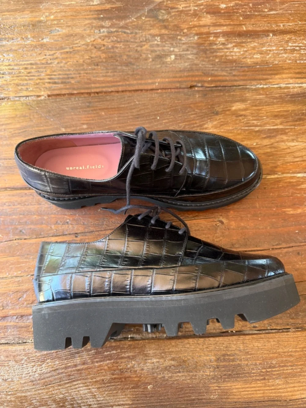 UNREAL  FIELDS STEP UP BLACK PLATFORM CREEPERS CROCODILE -EMBOSSED 39/8.5USA NEW